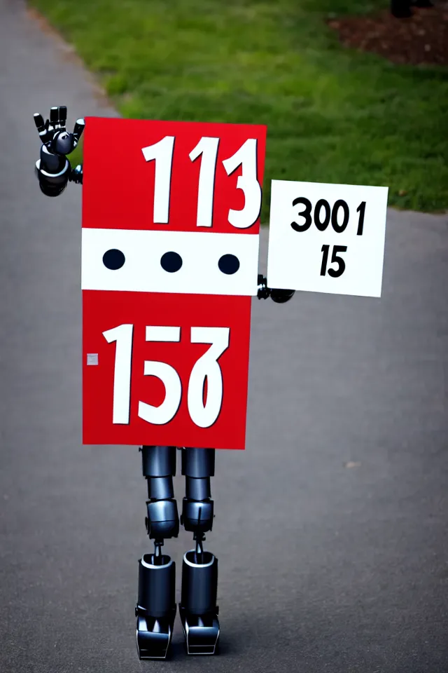 Image similar to cute anthropomorphic robot holding sign saying'1 5 0'