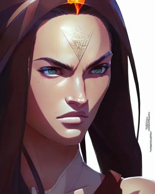 Image similar to azctec warrior, megan fox, gemstone forehead, detailed perfect face, exquisite details, fire magic, mid view, design on a white background, by studio muti, greg rutkowski makoto shinkai takashi takeuchi studio ghibli