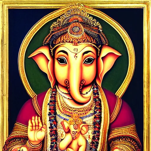 Image similar to a renaissance style portrait painting of Ganesha