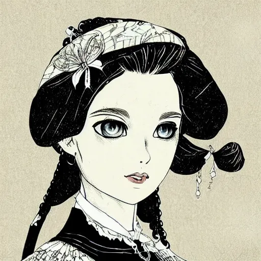 Image similar to Portrait a woman in Victorian clothing, Art by Yana Toboso, manga, black and white, japanese ink, high contrast, digital art