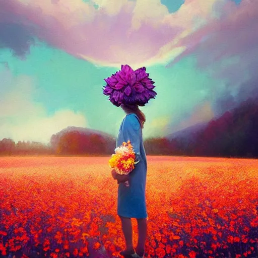 Image similar to girl with a singular flower for a head, surreal photography, dream, standing in flower field, magical, in a valley, sunrise dramatic light, impressionist painting, colorful clouds, artstation, simon stalenhag, flower face