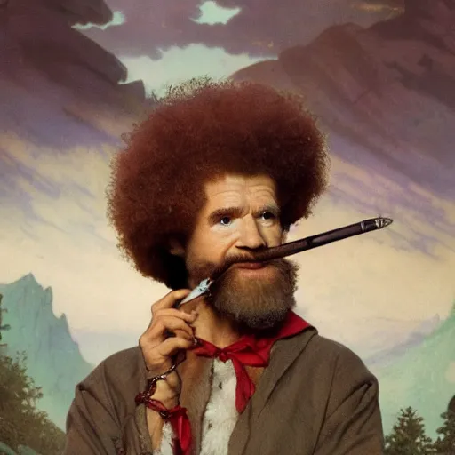 Prompt: an ultra detailed matte painting of bob ross smoking a pipe and dressed as a wandering elf druid, silver hawk animal companion, d & d, fantasy concept art by alphonse mucha and greg rutkowski, octane render, 8 k, detailed face