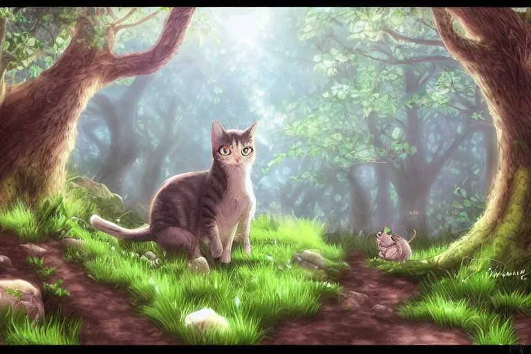 Prompt: a cat in a forest, highly detailed, digital art, trending on artstation, backlighting, by kawacy, by ken sugimori, fan art