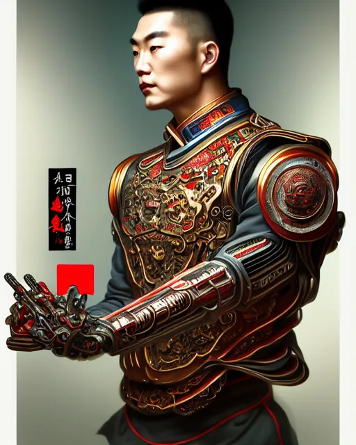 Image similar to portrait of a chinese masculine male cyberpunk machine, machine face, upper half portrait, decorated with chinese opera motifs, muscular, asian, fine china, wuxia, traditional chinese art intricate intense elegant 京 剧 highly detailed digital painting artstation concept art smooth sharp focus illustration, art by artgerm and greg rutkowski alphonse mucha 8 k