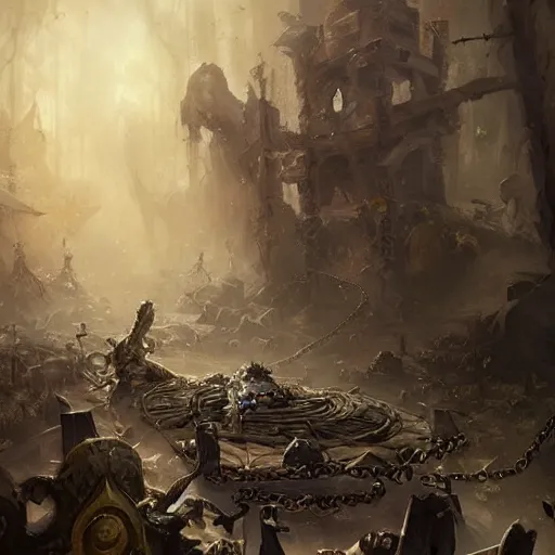 Image similar to a deadly metal trap, chained trap, skulls and corpses, hearthstone art style, epic fantasy style art by Craig Mullins, fantasy epic digital art, epic fantasy card game art by Greg Rutkowski