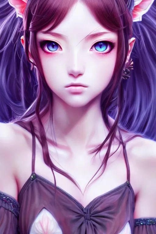 Image similar to ultra realistic, beautiful young catgirl, dress, modern anime, fantasy, eerie, intricate details, atmospheric, elegant, super highly detailed, professional digital painting, artstation, concept art, 8k, art by artgerm and eiichiro oda and koyoharu gotouge