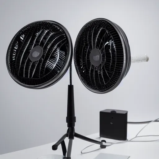 Image similar to desk fan with a tube attached to the back going all the way up to the cealing but not attached to the ceiling, professional photography, studio lighting
