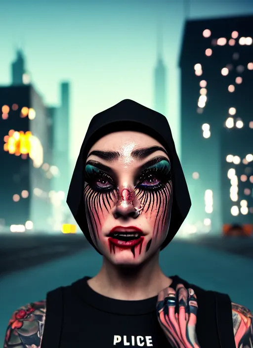 Image similar to digital painting of a streetwear woman wearing thick mascara, crying, a city burns in the background, police lights, distress, tattoos, dark glitter, Cinestill 50d, 4k, 8k, hd, full color, octane render, trending on artstation, highly detailed