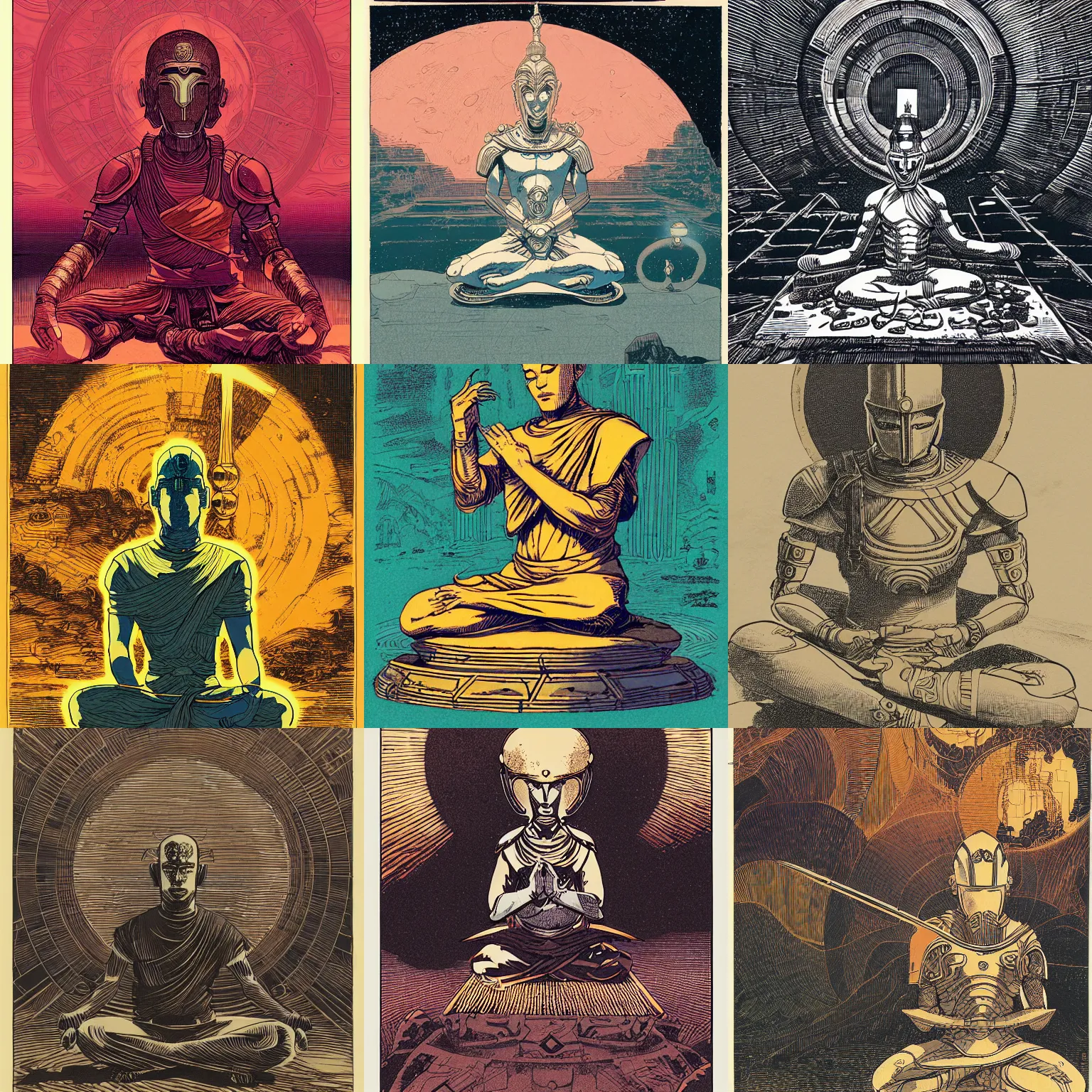 Prompt: monk with a spartan helmet meditating, by borderlands and by feng zhu and loish and laurie greasley, victo ngai, andreas rocha, john harris, etching by louis le breton, 1 8 6 9, 1 2 0 0 dpi scan