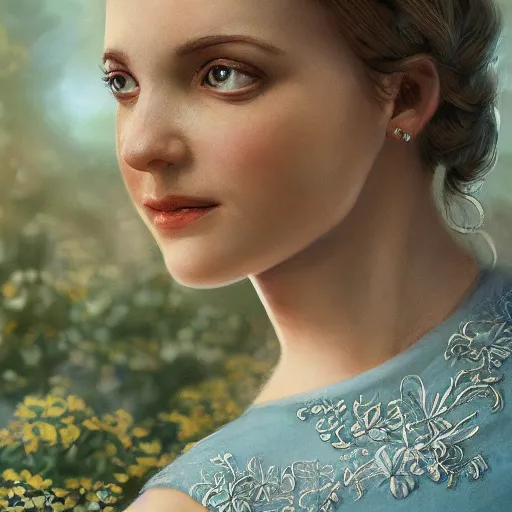 Prompt: portrait of a lady wearing a light blue dress, light, airy, garden, photorealistic, extreme detail, sharp focus, 8 k, intricate, hyper detailed, realistic, cinematic lighting