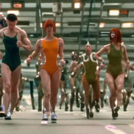 Image similar to The matrix, LeeLoo, Sprinters in a race, The Olympics footage, cinematic stillframe, french new wave, The fifth element, vintage robotics, formula 1