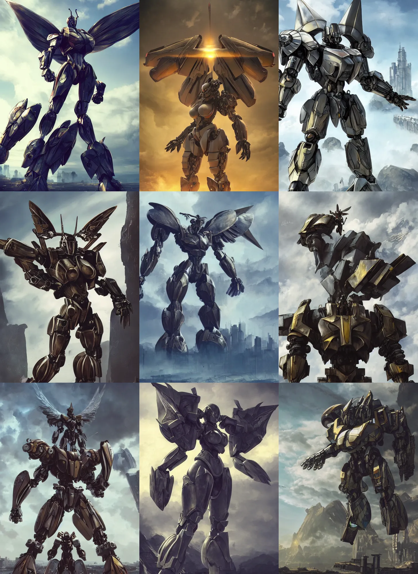 Prompt: big muscular woman, wearing full plate armor, with large mecha wings, flying into the sky, matte painting, brutalist painting, Anthem game, battle angel, single character full body, 4k, illustration, concept art, rule of thirds, centered, transformers animated