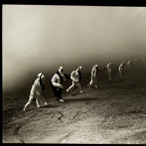 Image similar to old black and white photo, 1 9 1 3, depicting scientists in hazmat suits running from an alien biomechanical octopus, historical record, volumetric fog