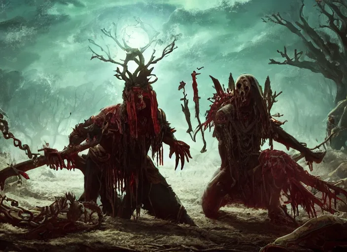 Image similar to cinematic still of a macabre necromancer casts a gruesome enchantment across a land of fertility and wealth, diminishing the land's value and robustness, trending on artstation, digital art, award winning
