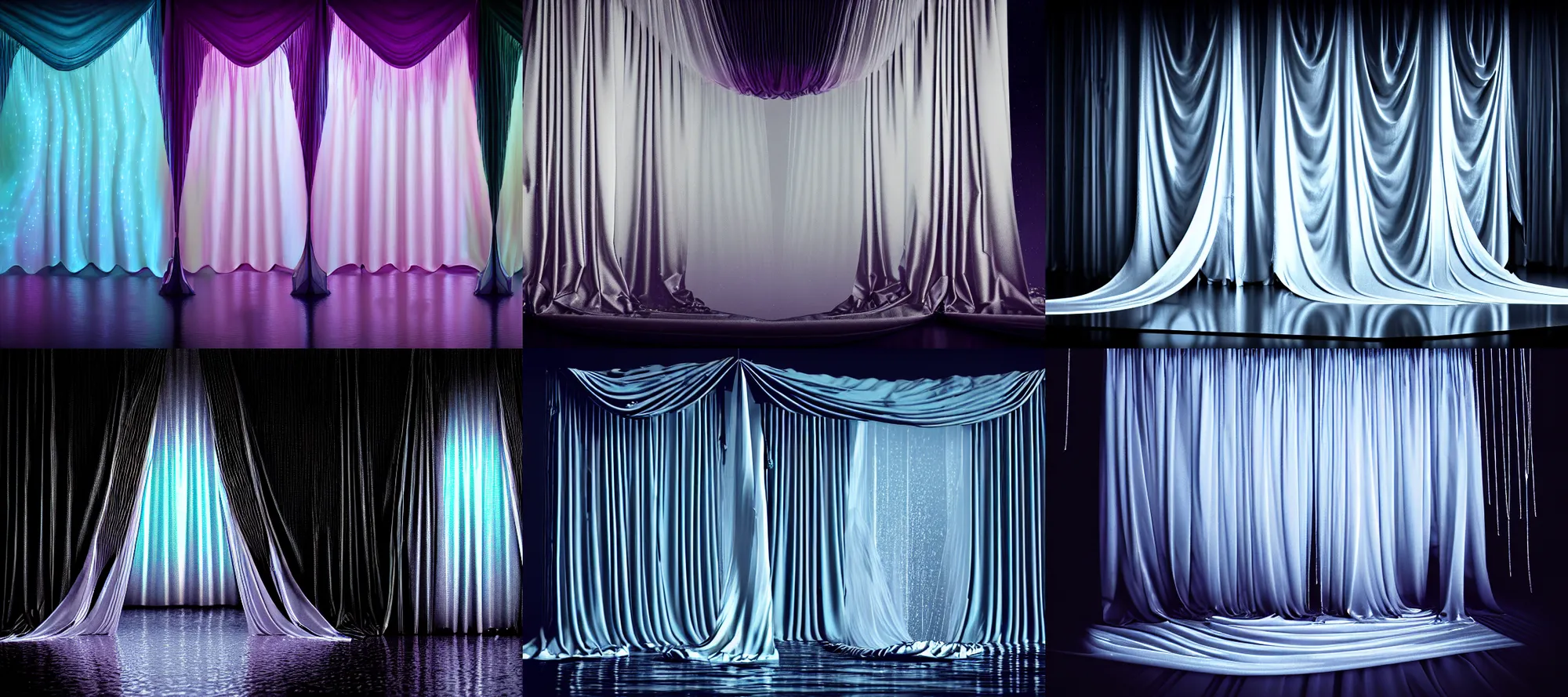 Prompt: veils of silken pearl curtains, dark spotlights on a rainy stage, infinite cosmic possibilities enthralling the latent spaces and vibrant flowing sailboat waves, magically shaped absurdist performance, trending on artstation