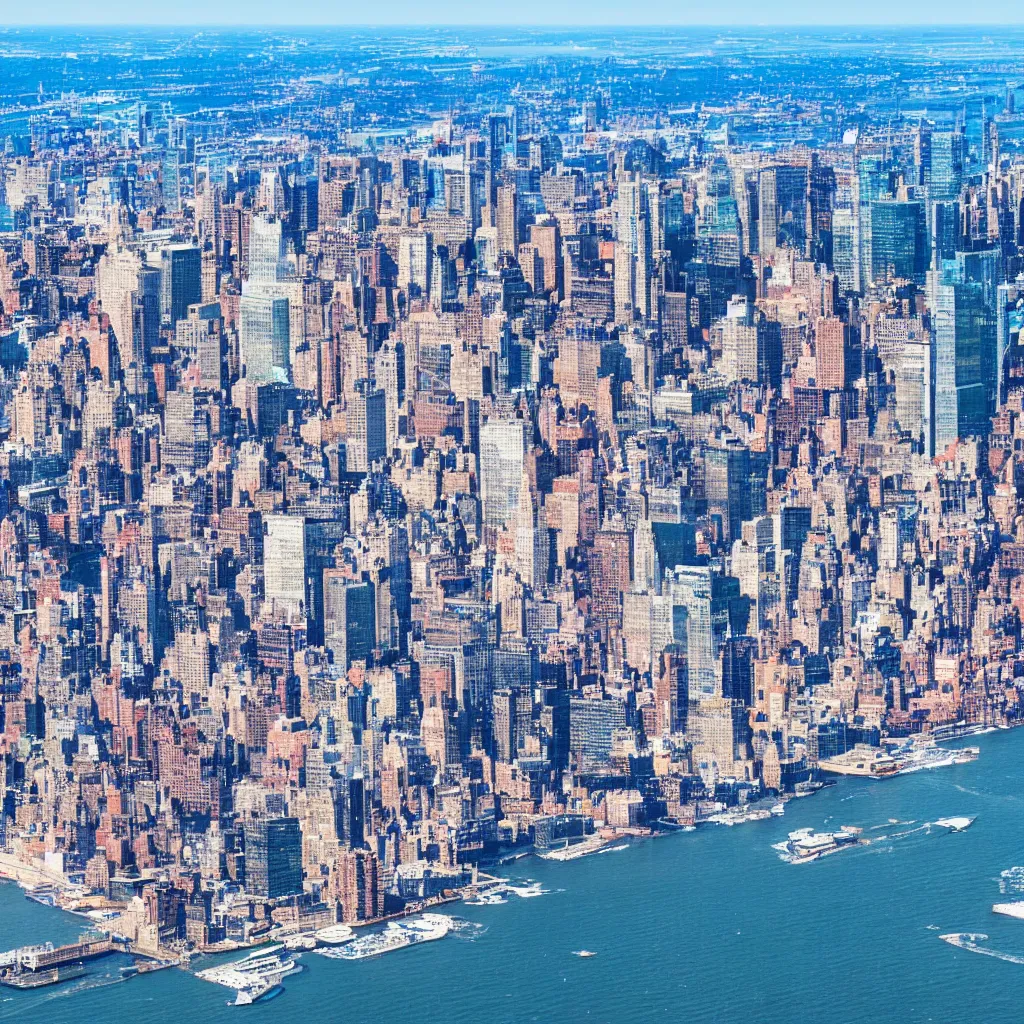 Image similar to drone shot of a coastal city skyline new york 8k resolution, blue sky, high quality lens flare