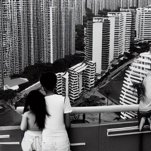 Image similar to photo of two singaporean students on the roof of a hdb flat, black and white, award winning, composition