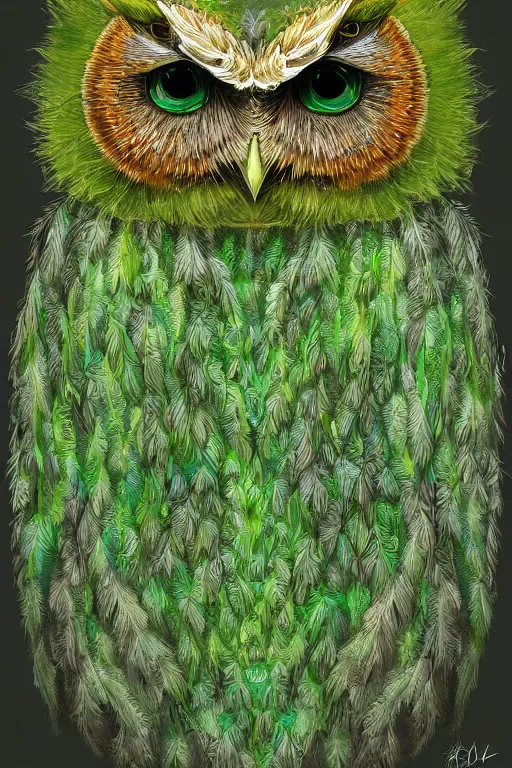 Image similar to a green moss owl, symmetrical, highly detailed, digital art, sharp focus, amber eyes, ferns, trending on art station