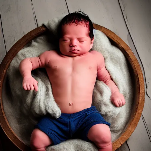 Prompt: a newborn baby with huge muscles, barrel chested, bodybuilder baby, rippling muscles, huge veins, bulging muscles, ripped, award winning photography, high detail