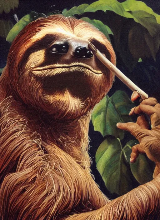 Prompt: ultra realistic portrait painting of a stoner as a sloth smoking a lit joint, art by frank frazetta, 4 k, ultra realistic, highly detailed, epic lighting