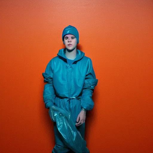 Image similar to the 2 0 2 2 award winning photo of justin bieber wearing a trash bag, cinematic, atmospheric, vivid, colorful, orange & teal, susan worsham photograph