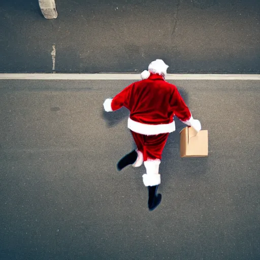 Prompt: santa making an escape with a sack of cash, running from a bank, 8 k, drone photo