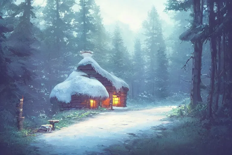 Image similar to a quaint little cottage in a clearing in a huge magical forest by andreas rocha and alena aenami, trending on artstation