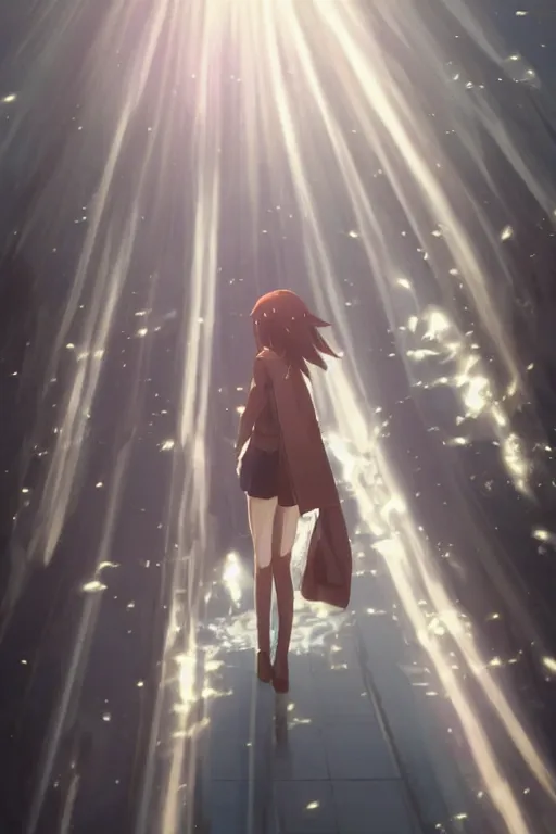 Image similar to Smiling Kurisu Makise by Akihiko Yoshida, Makoto Shinkai, with backdrop of god rays