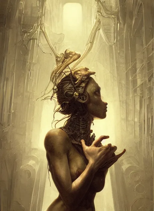 Image similar to metallic, physically accurate, moody dynamic lighting, very very intricate, very very elegant, highly detailed, digital painting, artstation, HR GIGER, Hieronymus Bosch, Francis Bacon, concept art, smooth, very beautiful, sharp focus, illustration, art by artgerm and greg rutkowski and alphonse mucha