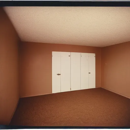 Image similar to a Polaroid photo of an ominous endless space of empty connecting rooms with vanilla colored wallpaper and brown carpet, no windows