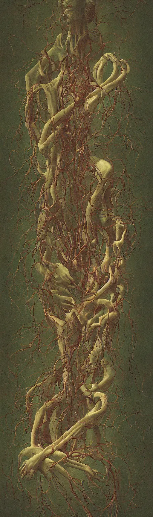 Image similar to She Eats of the Strangling Fruit shrouded in curtains of moire glistening roots while Her polyp blossoms bring iridescent fungal flowers whose spores black the foolish stars Edward Hopper and James Gilleard, Zdzislaw Beksinski, Mark Ryden, Wolfgang Lettl highly detailed