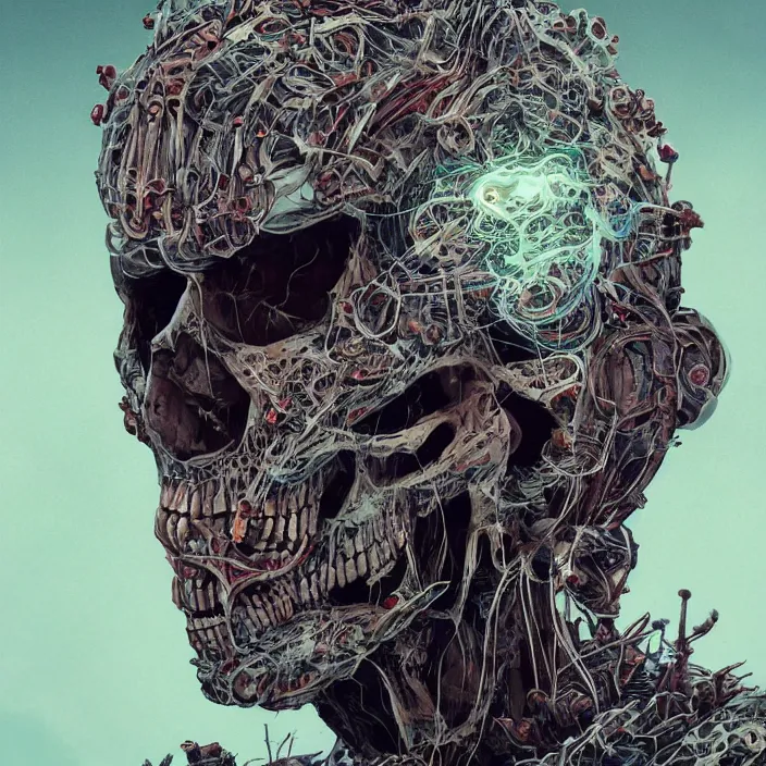 Image similar to portrait of Ryan Reynolds as a skeleton. intricate abstract. intricate artwork. nightmare fuel. by Tooth Wu, wlop, beeple, dan mumford. octane render, trending on artstation, greg rutkowski very coherent symmetrical artwork. cinematic, hyper realism, high detail, octane render, 8k, iridescent accents