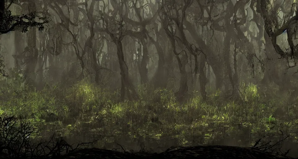 Prompt: A dense and dark enchanted forest with a swamp, from Guild Wars