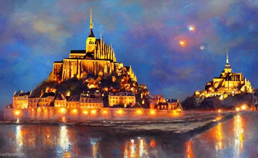 Prompt: Mont Saint Michel on fire at nighttime. Flames, burning. By Konstantin Razumov, highly detailed