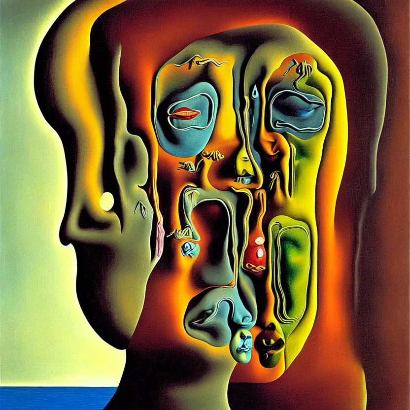 Image similar to a face coming out of a face coming out of a face, recursion, surreal, by salvador dali and max ernst, oil on canvas, weird, dreams, fantasy, soft lighting, warm colors