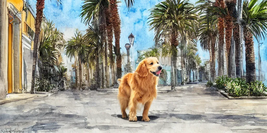 Prompt: photoreal golden retriever dog standing in tel aviv street looking at the camera. palm trees. optimistic. digital art. watercolor. highly detailed. drawing. art. colorful. fluffy