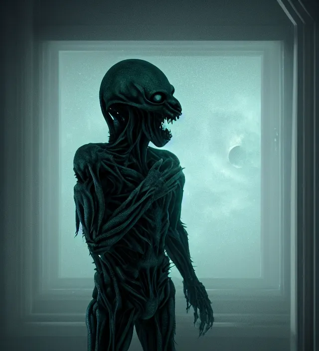 Prompt: a nightmare humanoid ghost monster alien standing in front of a window, moon light through the window, volumetric lighting, hyperealistic, 4 k, inspired by stephen king, inspired by lovecraft, inspired by jeffrey smith