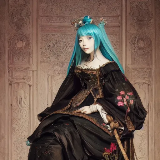 Prompt: a beautiful portrait of hatsune miku as a 1 6 th century noblewoman, fantasy, intricate, elegant, highly detailed, digital painting, artstation, concept art, matte, sharp focus, illustration, art by greg rutkowski and alphonse mucha