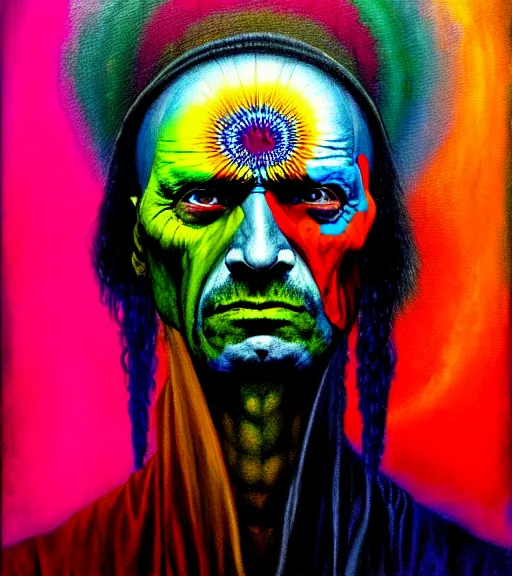 Image similar to Portrait painting in a style of Beksinski mixed with Alex Grey of an old shaman dressed in a colorful traditional clothes.