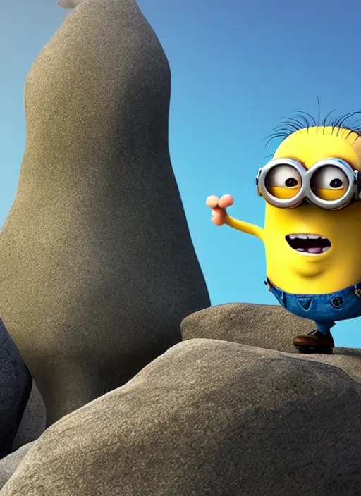 Prompt: king minion bob standing on a rock win posing in pixar style, smooth render, unreal engine 5, high - quality