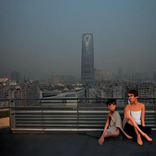 Image similar to a small rooftop with a couple of people sitting and watching the view, wearing black modern clothes, designed by rick owens, messy short hair, modern shanghai bund in smog is on the background, sunset, pale colors, by gregory crewdson