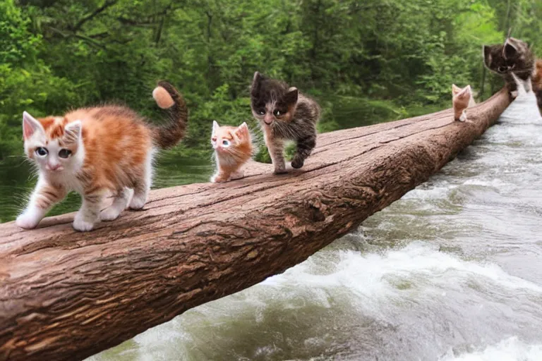 Image similar to kittens walking on a log bridge crossing a river