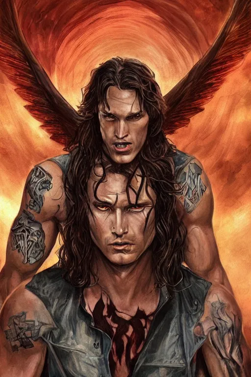 Image similar to front portrait of attractive sam winchester as a vampire with long fangs, wings wide open, clothes torn apart, muscular chest tattooed with runes and symbols, d & d!, fantasy style, sharp focus!, ultra detailed, art by artgerm and peter andrew jones, wlop