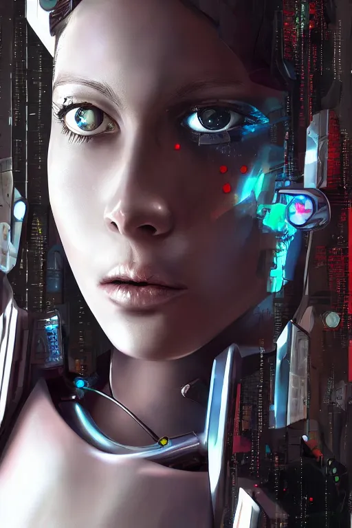 Prompt: a close - up portrait of a cyberpunk cyborg girl, by raphael, rule of thirds