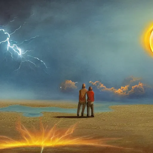 Image similar to giant fiery sun takes up most of the sky, two men look out over the horizon of a desert with plants on fire, lightning strikes in the distance, highly detailed matte painting