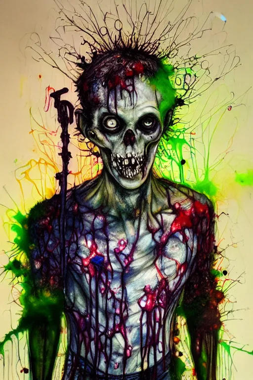 Prompt: zombie policeman with and goop and slime covering his skull posing with his baton by agnes cecile, brian froud, intricated details, 3 / 4 view, full body portrait, extremely luminous bright design, horror, pastel colours, toxic drips, autumn lights