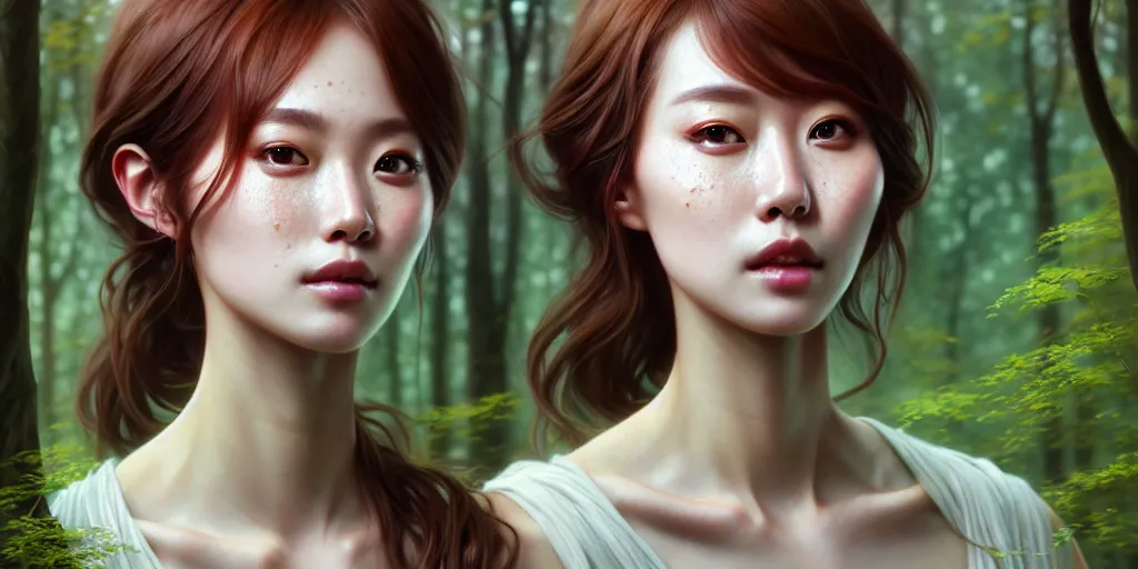 Image similar to beautiful digital painting of a hoyeon jung stylish female forest with high detail, real life skin, freckles, 8 k, stunning detail, works by artgerm, greg rutkowski and alphonse mucha, unreal engine 5, 4 k uhd