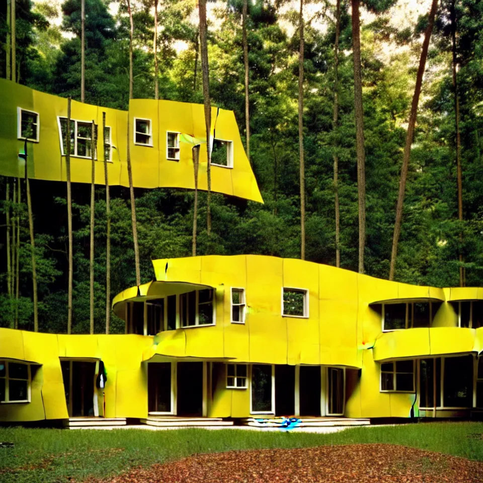 Image similar to a flat horizontal mid-century modern house with big tiles in a forest, designed by Frank Gehry. Film grain, cinematic, yellow hue