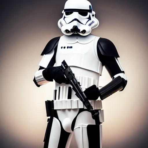 Image similar to fashion photoshoot of a Stormtrooper in a modeling pose with a shiny golden chain, big studio lighting, coloured backdrop and backlight, medium shot, dutch angle, 50 mm lens, flash photography, highly detailed, medium format, vogue