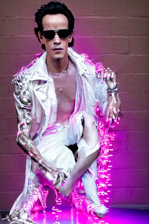 Image similar to full-body rococo and cyberpunk style neon statue of a young attractive Marc Anthony wearing cholo shades macho dotado e rico android sim roupa reclining con las piernas abertas e la piroca dura, ethereal white dripping tar, glowing orange lasers, pink tigers, glowing eyes, silver prince crown, black gears, pink diamonds, swirling mint-colored silk fabric. futuristic elements. full-length view. human skulls. large intricate artwork by caravaggio. Trending on artstation, octane render, cinematic lighting from the right, hyper realism, octane render, 8k, depth of field, 3D